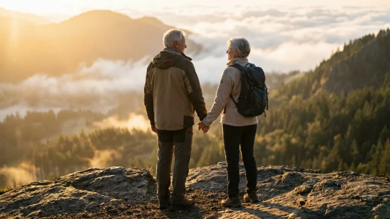 An active senior couple stands on a scenic overlook during a golden sunrise.