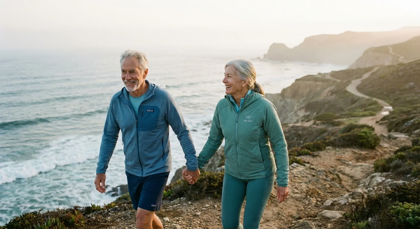 An active senior couple walking on a coastal path, representing health and wellness.