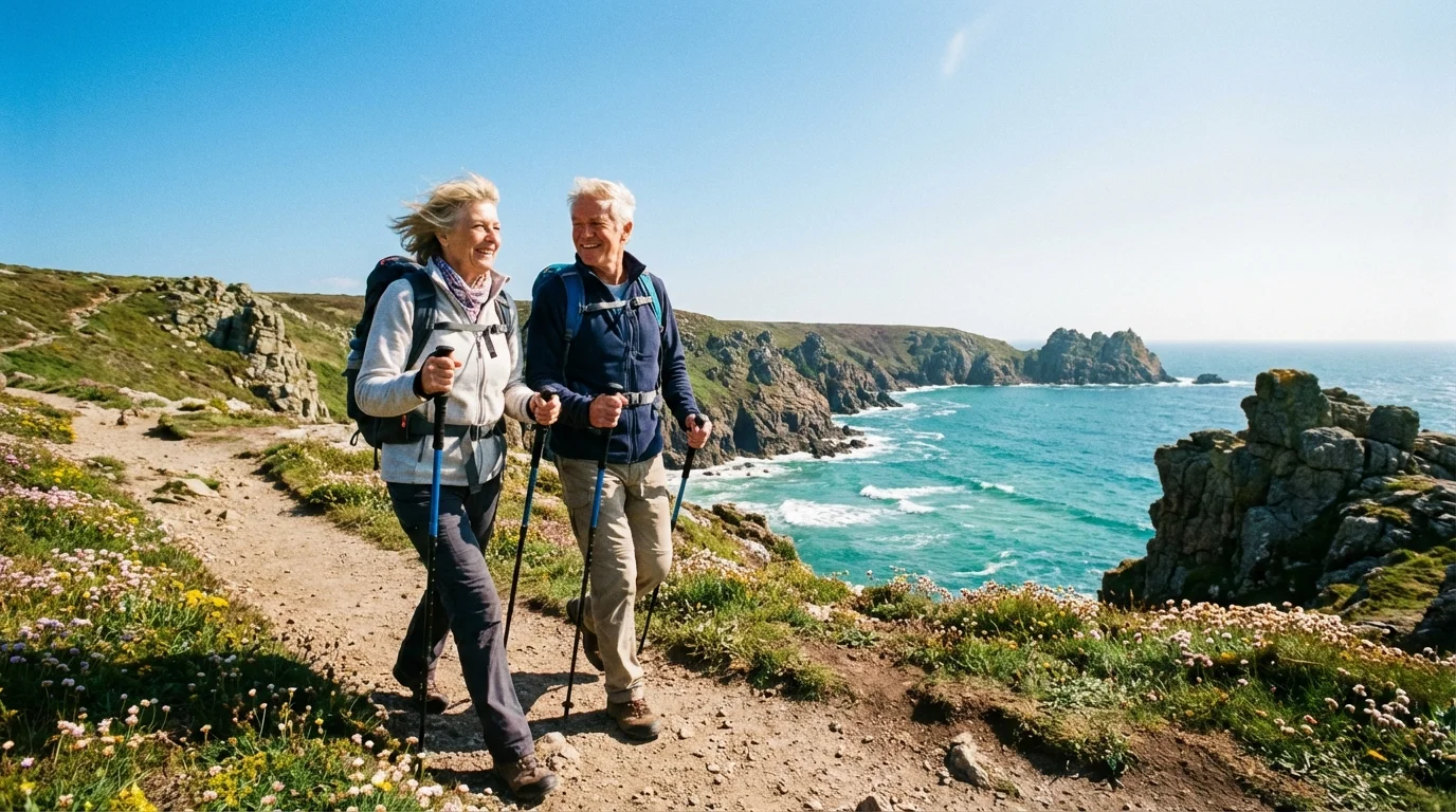 An active senior couple walking on a coastal path under a clear blue sky.