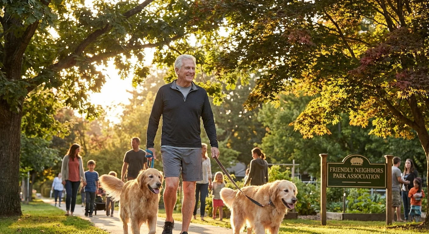 An active senior man walking dogs in a sunlit park.