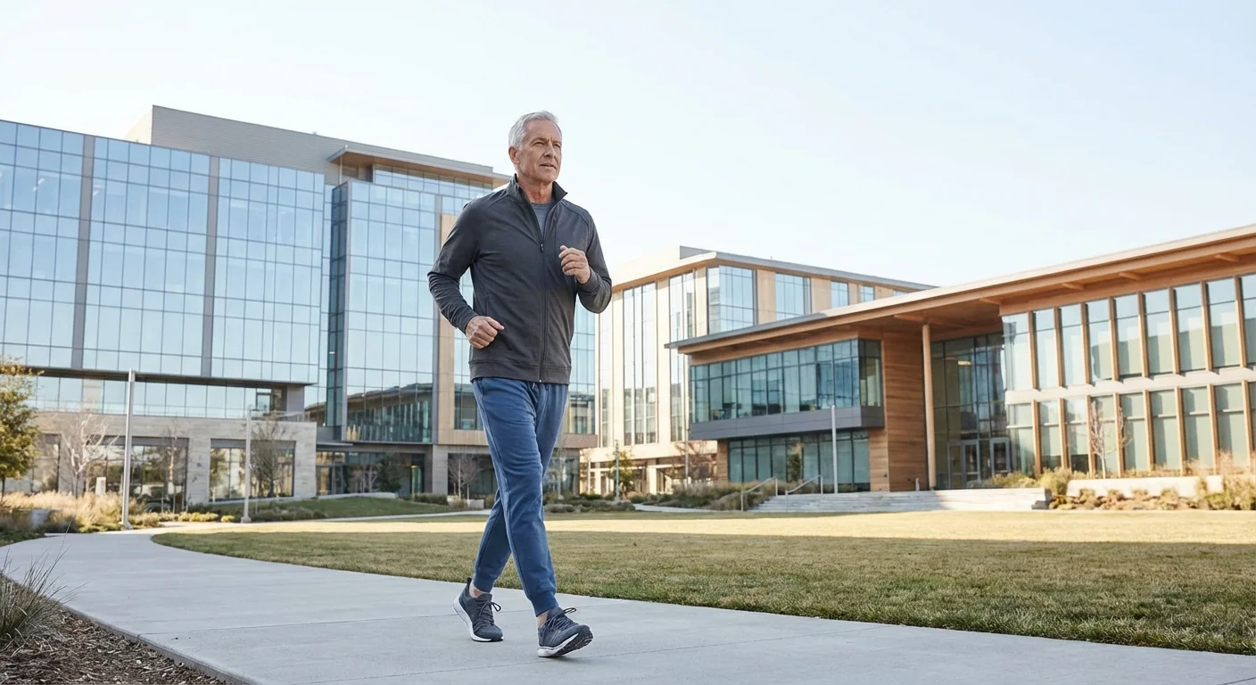 An active senior man walking in a modern park, representing the focus on health and preparedness.