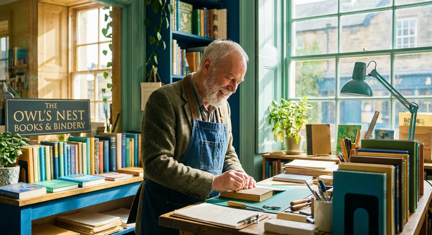 An active senior man working happily in a bright, modern shop.