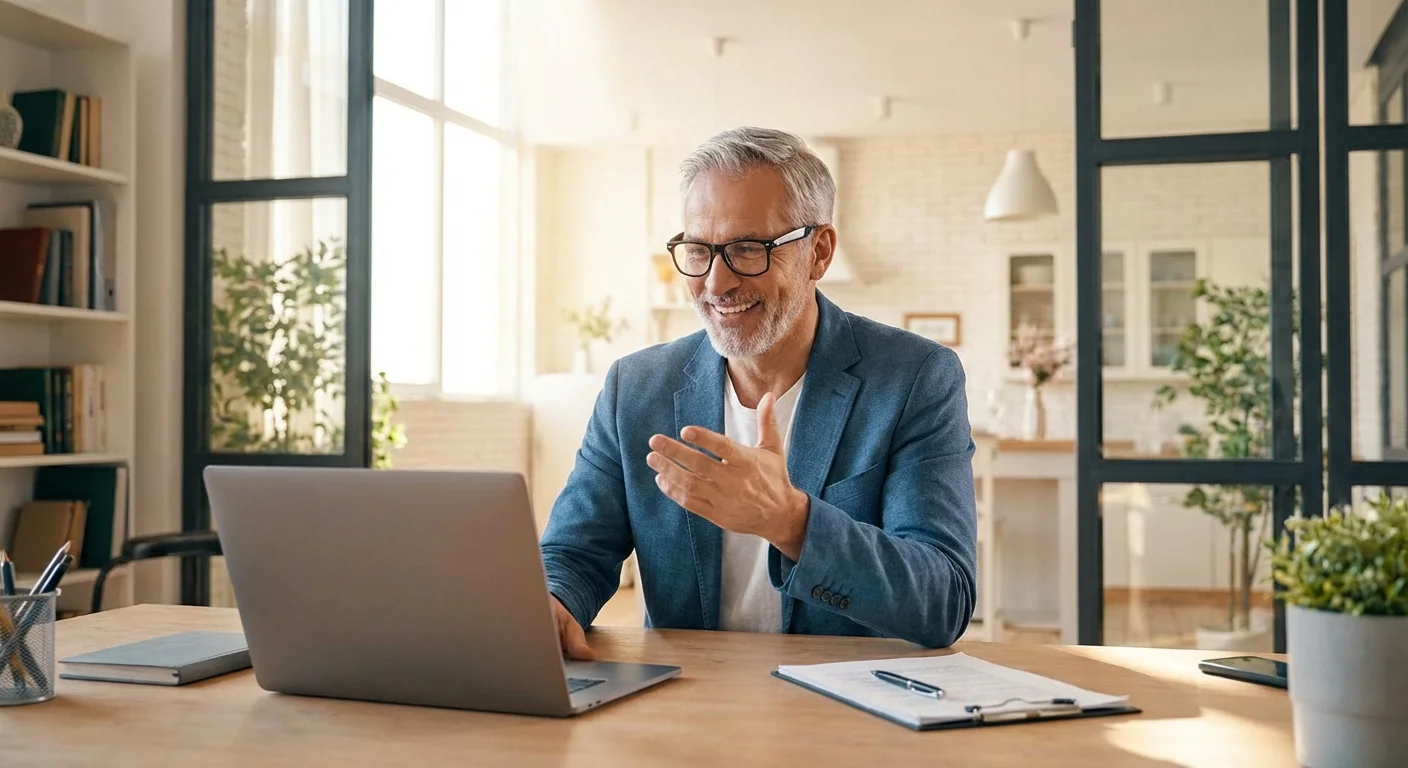 An active senior man working happily in a modern home office.