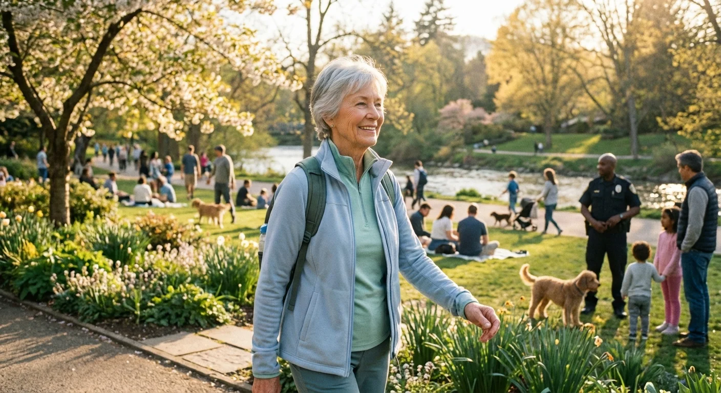 An active senior woman enjoying a walk in a sunny public park.