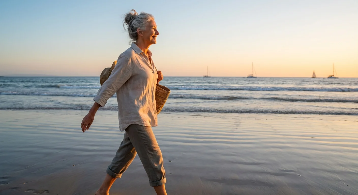 An active senior woman walking joyfully on a beach at sunset.