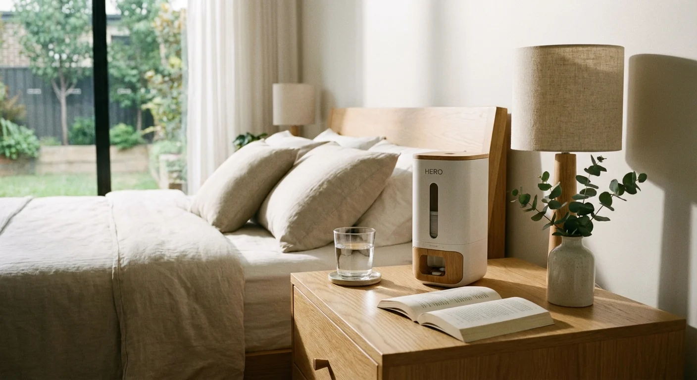 An automated medication dispenser on a neat bedside table.