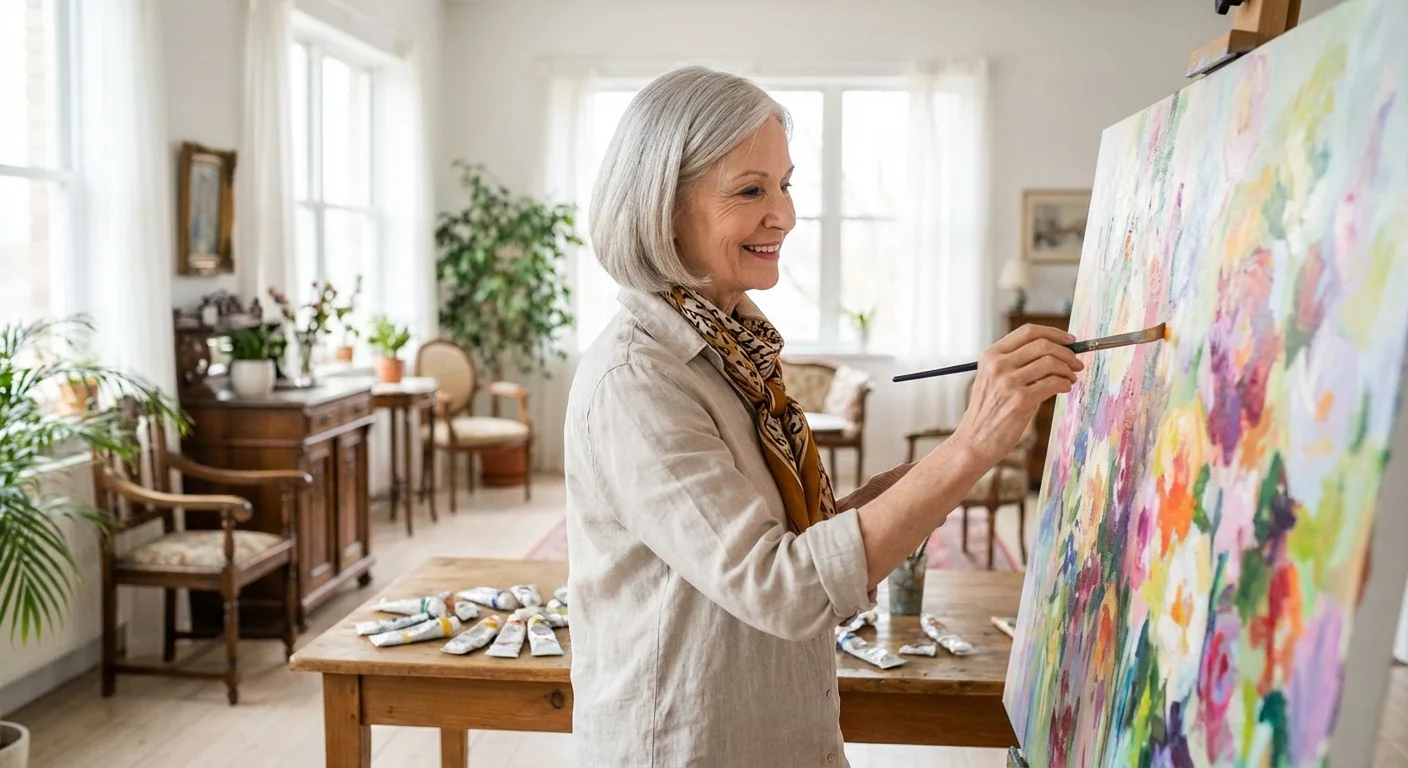 An elderly woman painting in a sunlit art studio.