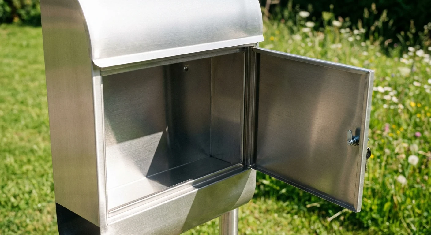 An empty, clean metal mailbox in the sun.