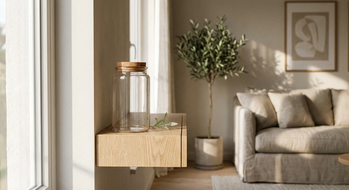 An empty glass jar on a wooden shelf in a sunlit room.