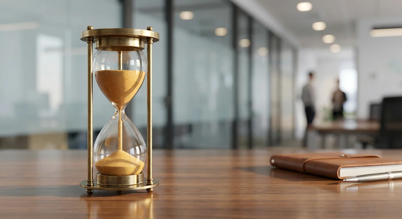 An hourglass with golden sand on a professional wooden desk.