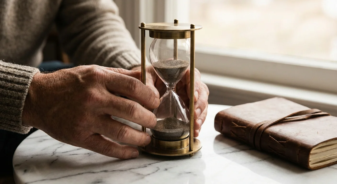 An hourglass with sand running low on a marble table, symbolizing the passage of time.