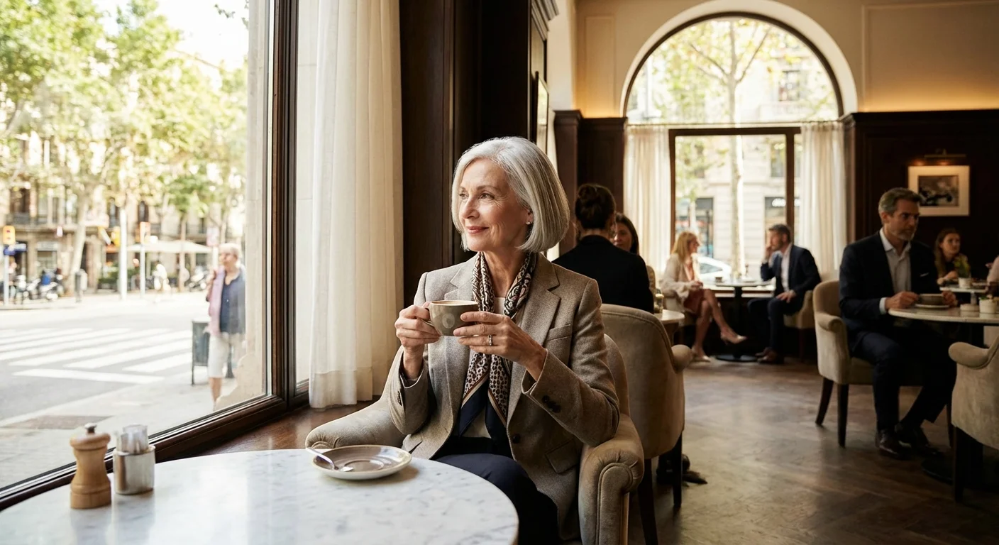 An independent senior woman enjoying coffee in a bright, modern cafe.