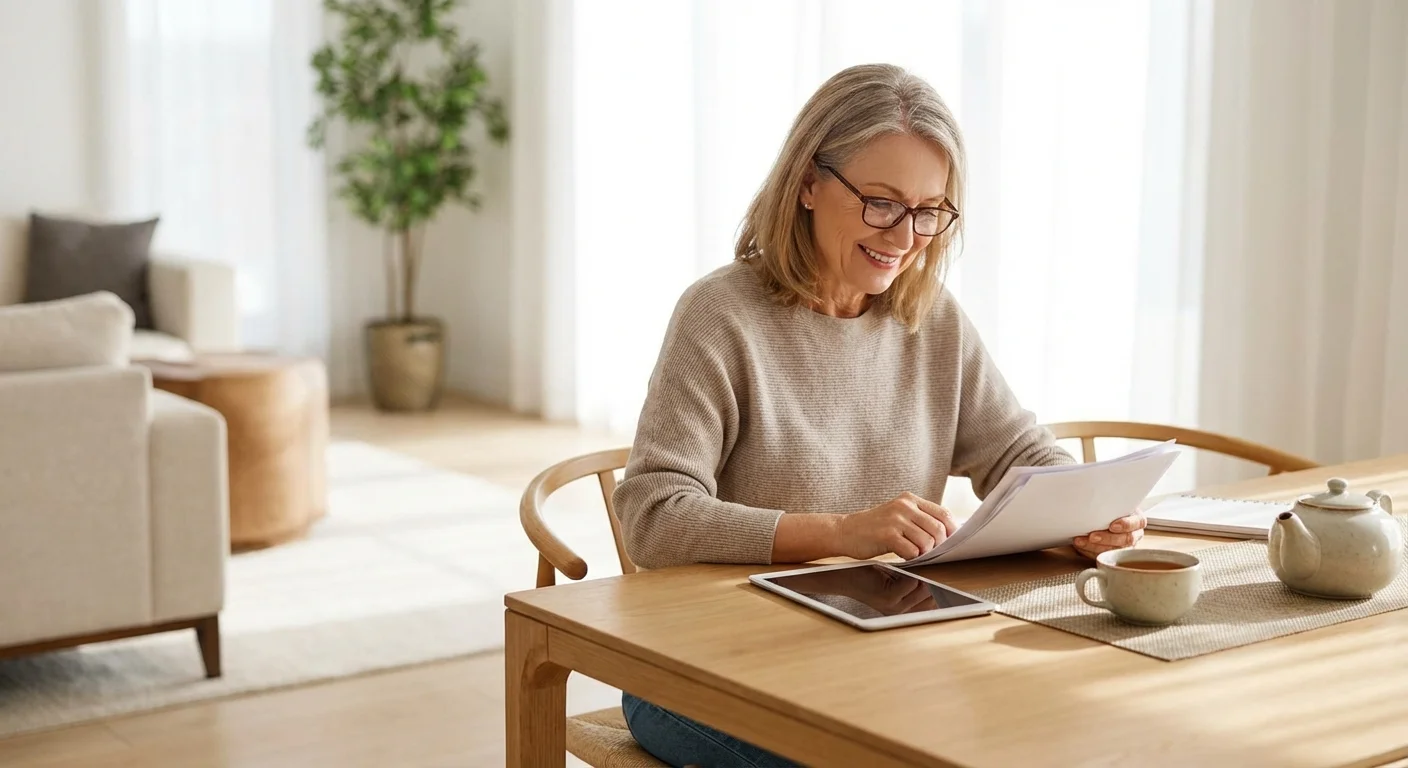 An independent woman reviews documents at a modern dining table.