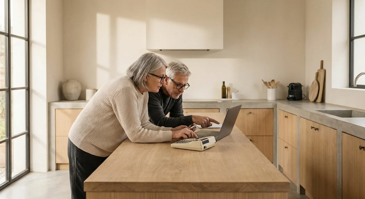 An older couple managing their budget in a modern kitchen.