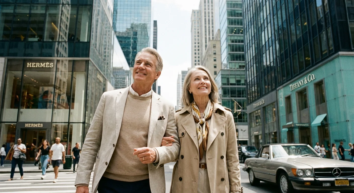 An older couple walking past modern luxury skyscrapers in a major US city.