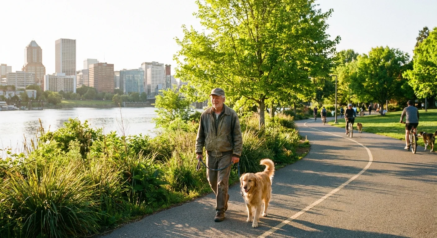 An older man and his dog walking along a sunny riverfront trail.