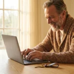 An older man confidently using a laptop in a sunlit home office, symbolizing digital security.