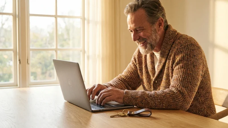 An older man confidently using a laptop in a sunlit home office, symbolizing digital security.