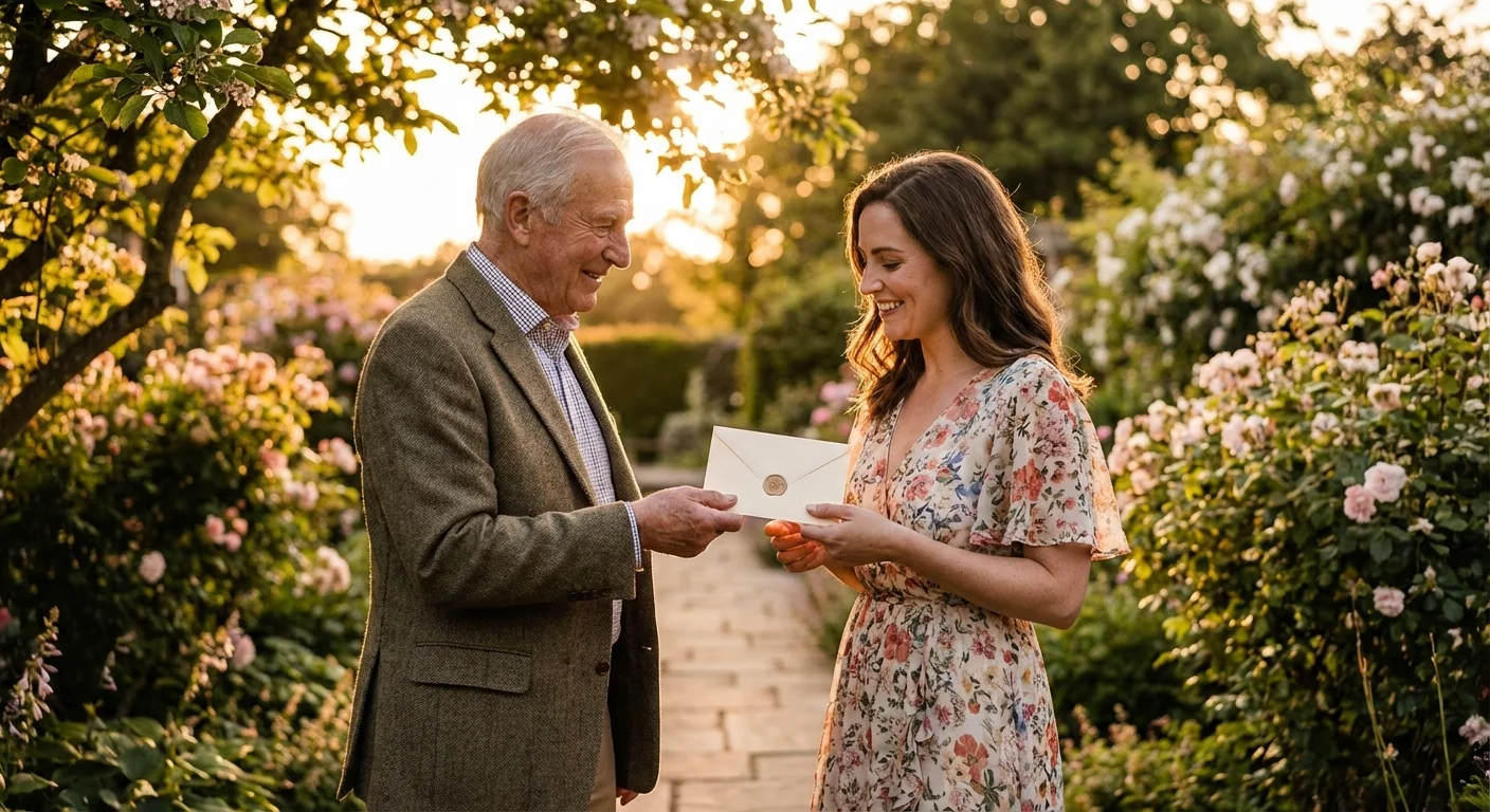 An older man giving a gift envelope to a younger woman in a garden.