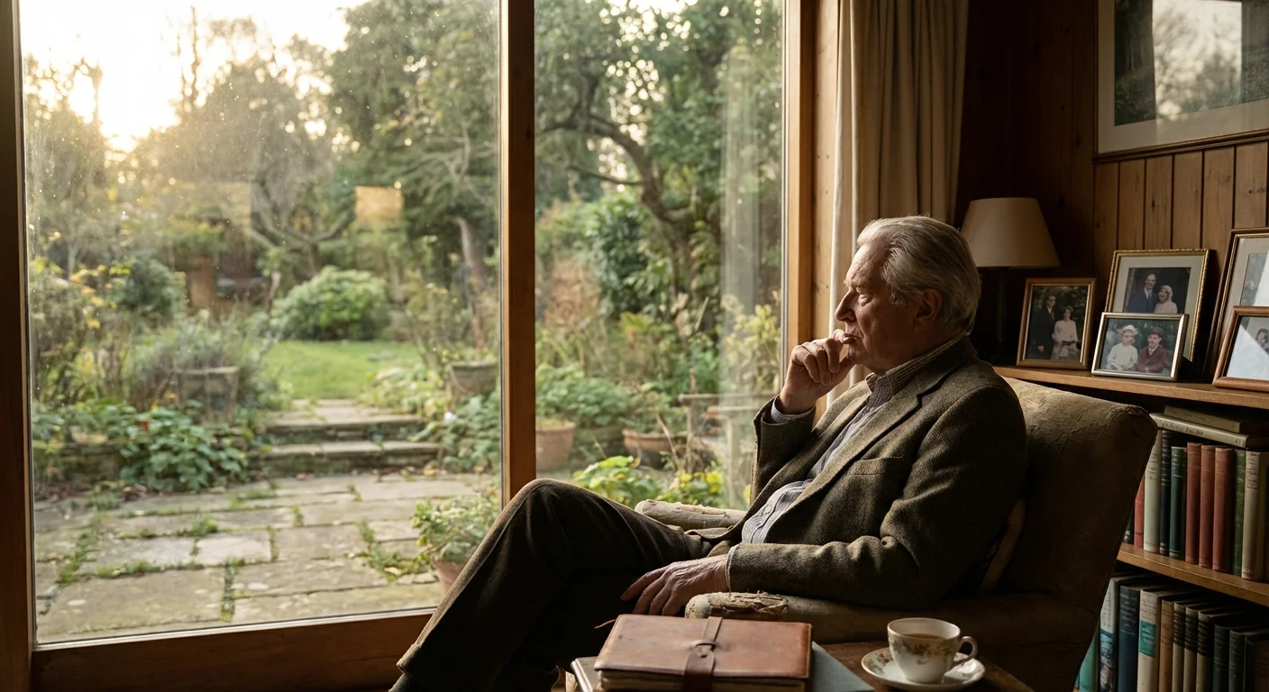 An older man looking out a window, reflecting on long-term financial security for his family.