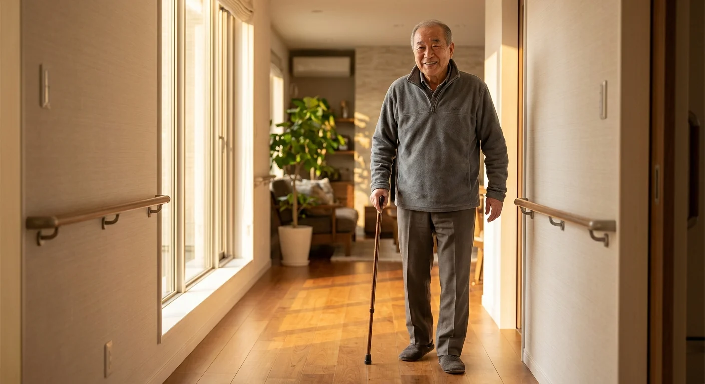 An older man standing confidently in a well-lit, clutter-free home hallway.