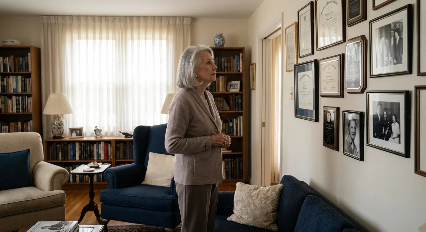 An older woman reflecting on her career achievements in her living room.