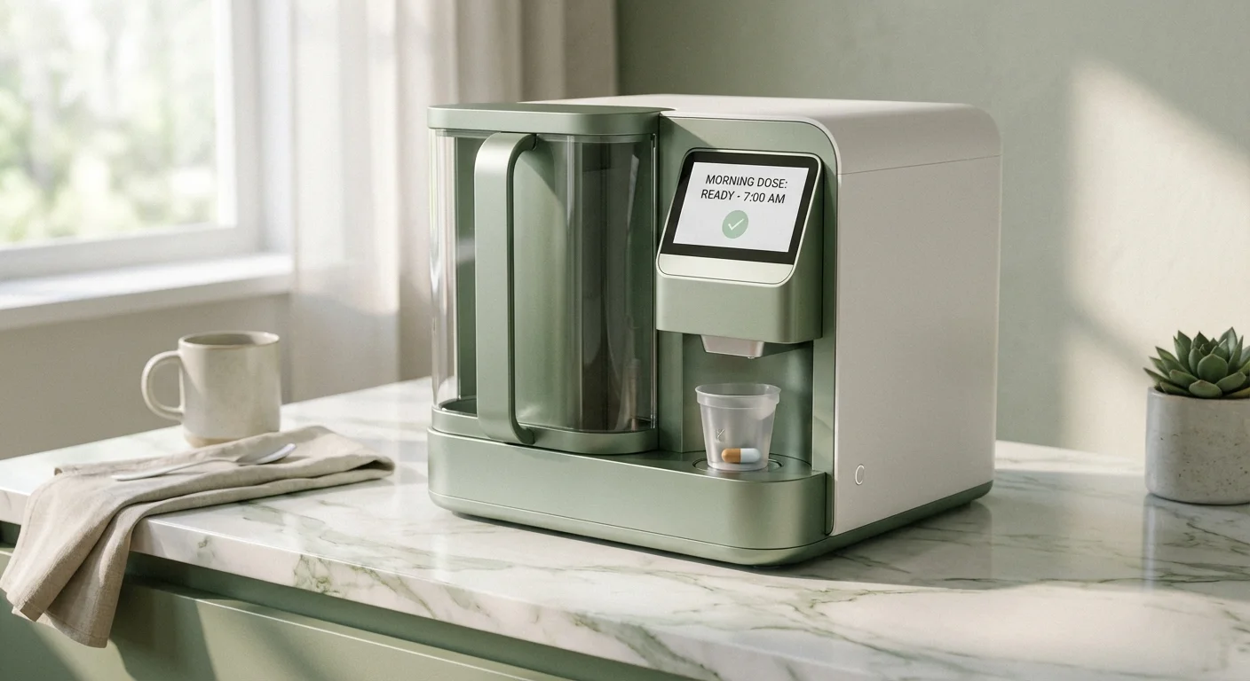 An organized automated medication dispenser sitting on a clean kitchen counter.
