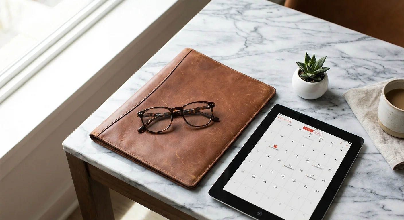 An organized desk with a folder, glasses, and a tablet.