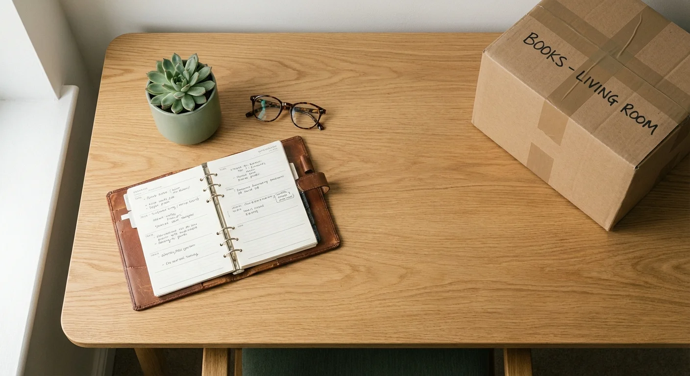 An organized desk with a planner and glasses, symbolizing preparation.