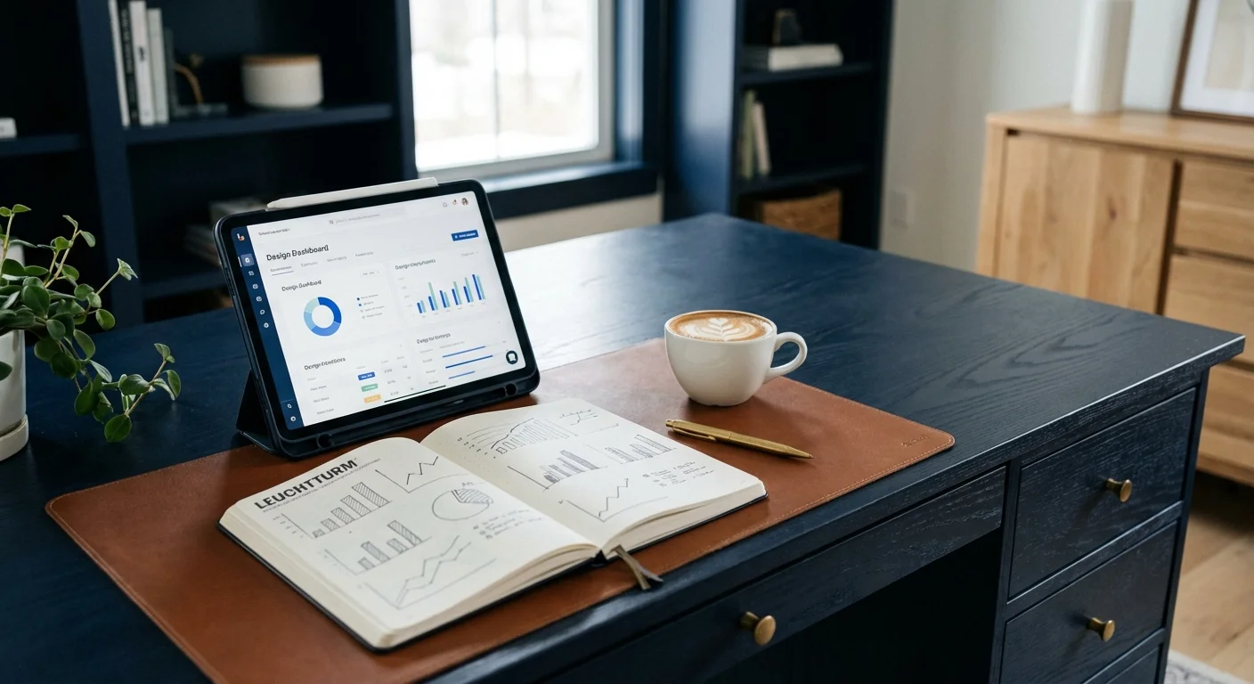 An organized desk with a tablet and notebook showing data charts.
