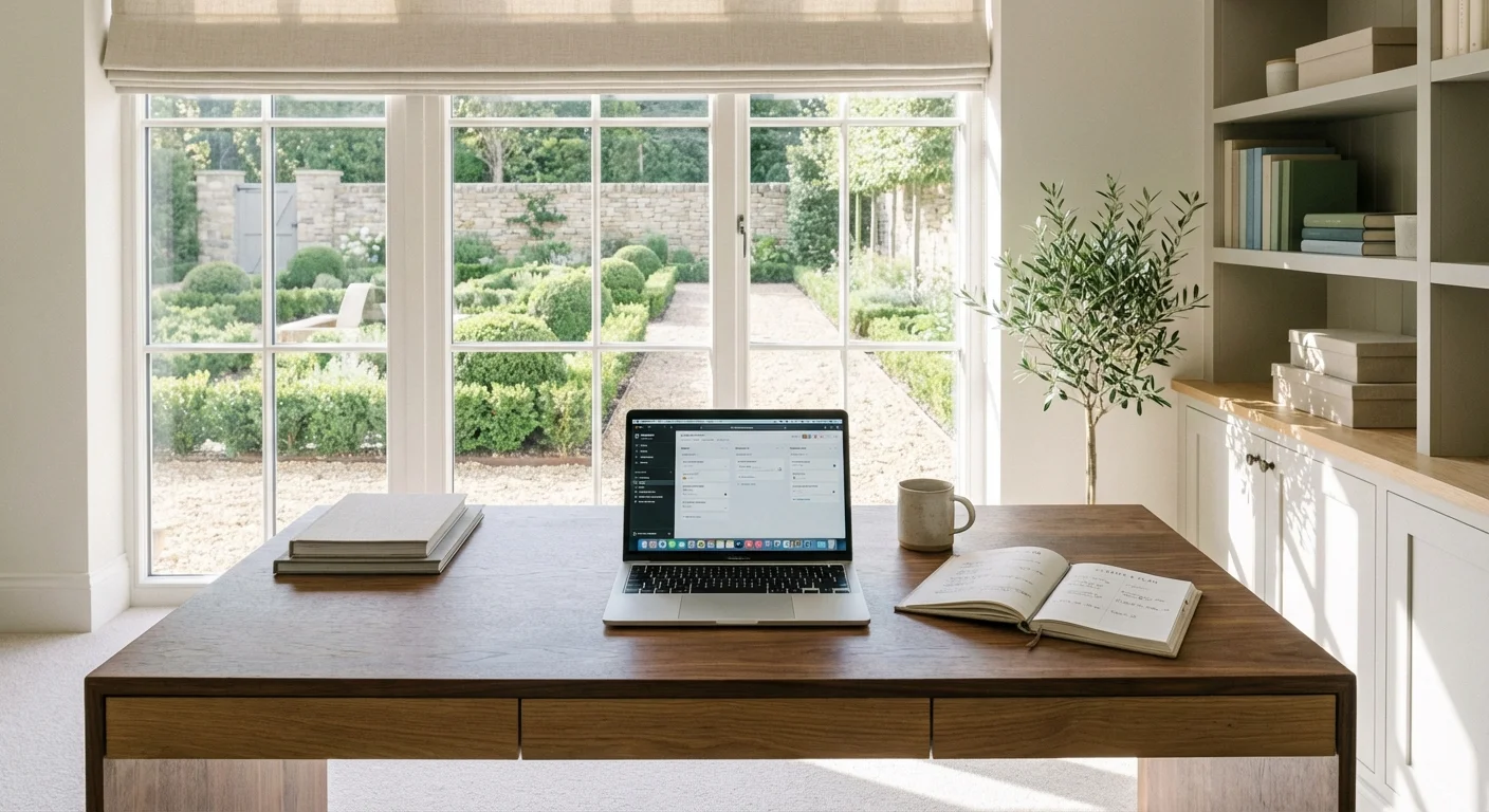 An organized home office with a view of a garden.