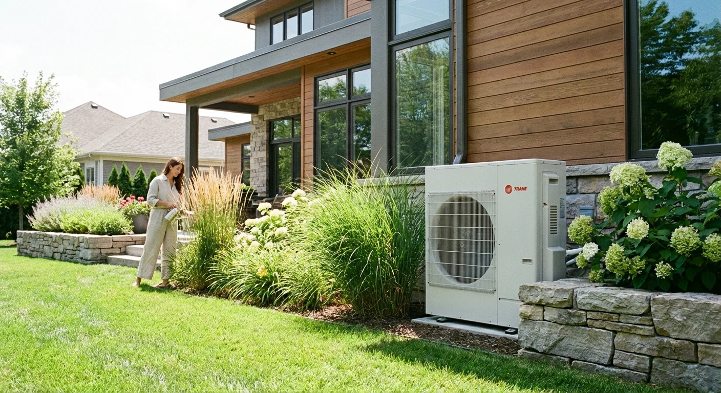 An outdoor central air conditioning unit next to a house with nice landscaping.