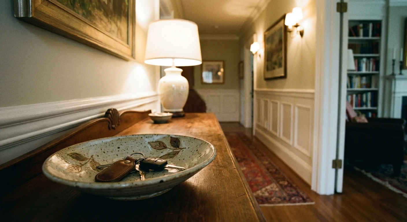 Car keys sitting in a decorative bowl on a hallway table.