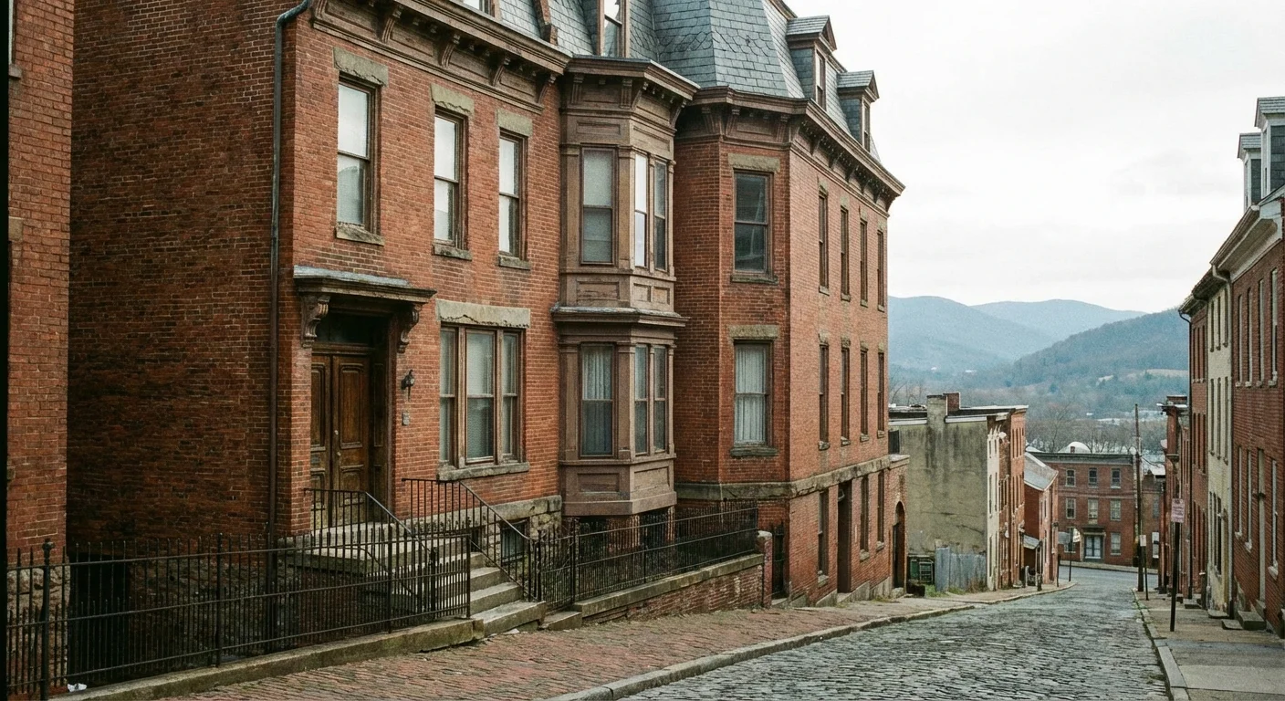 Classic brick architecture on a hilly street in Cumberland, Maryland.
