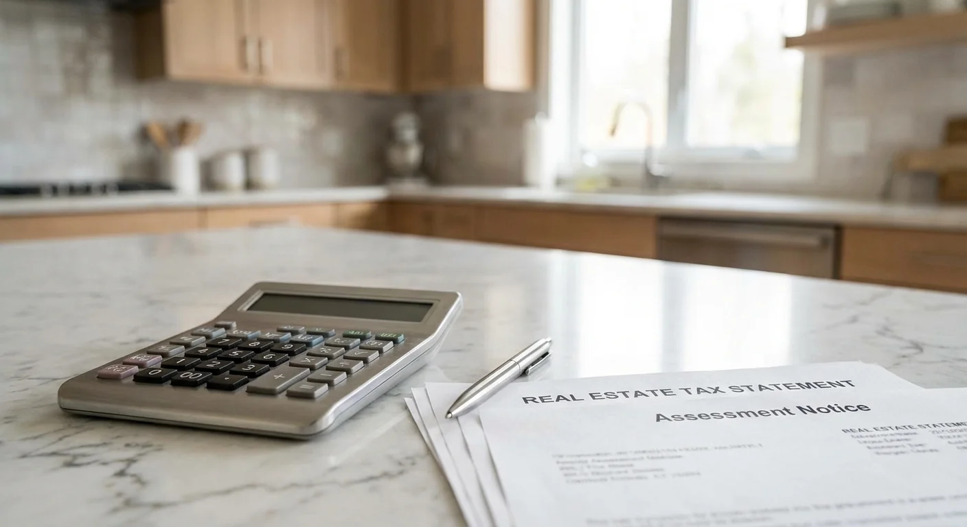 Close-up of a calculator and tax documents on a kitchen counter.