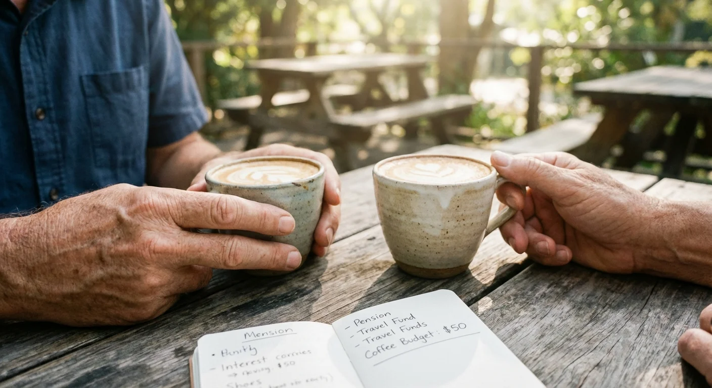 Close-up of a couple having coffee at an outdoor cafe with a notebook on the table.