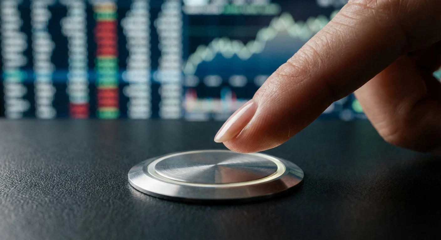 Close-up of a finger pressing a button, symbolizing a strategic pause.