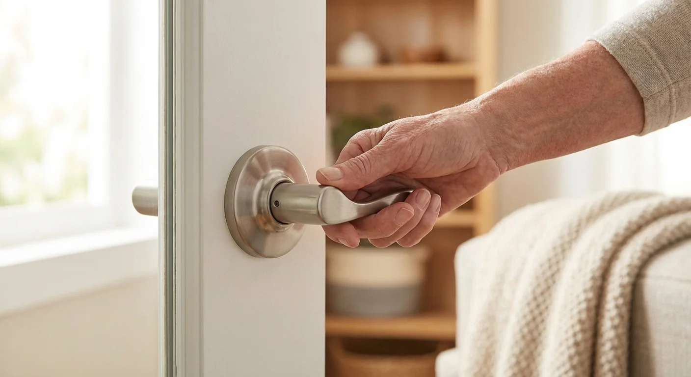 Close-up of a hand using a modern lever-style door handle.