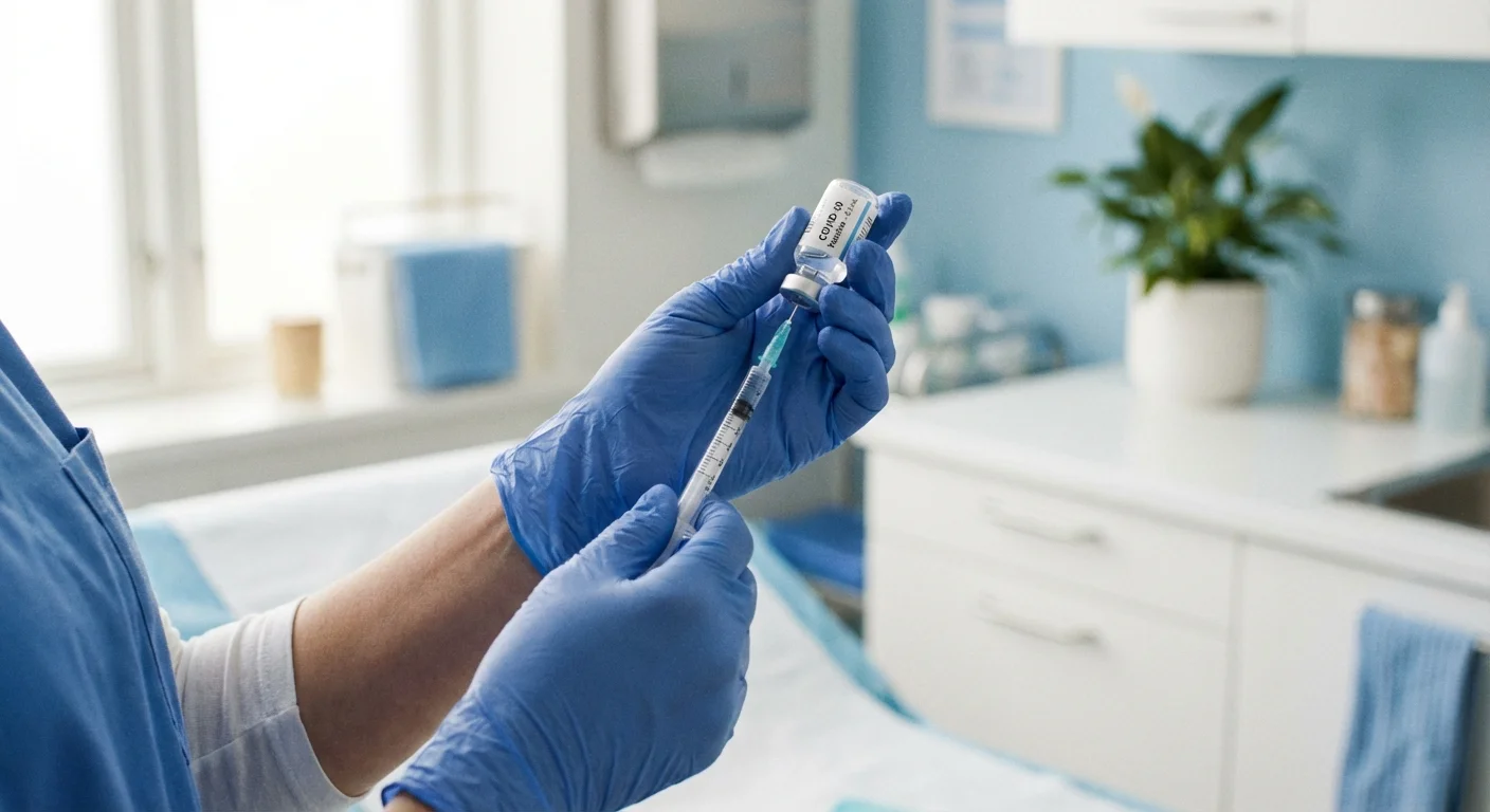Close-up of a healthcare worker preparing a vaccine in a bright room.