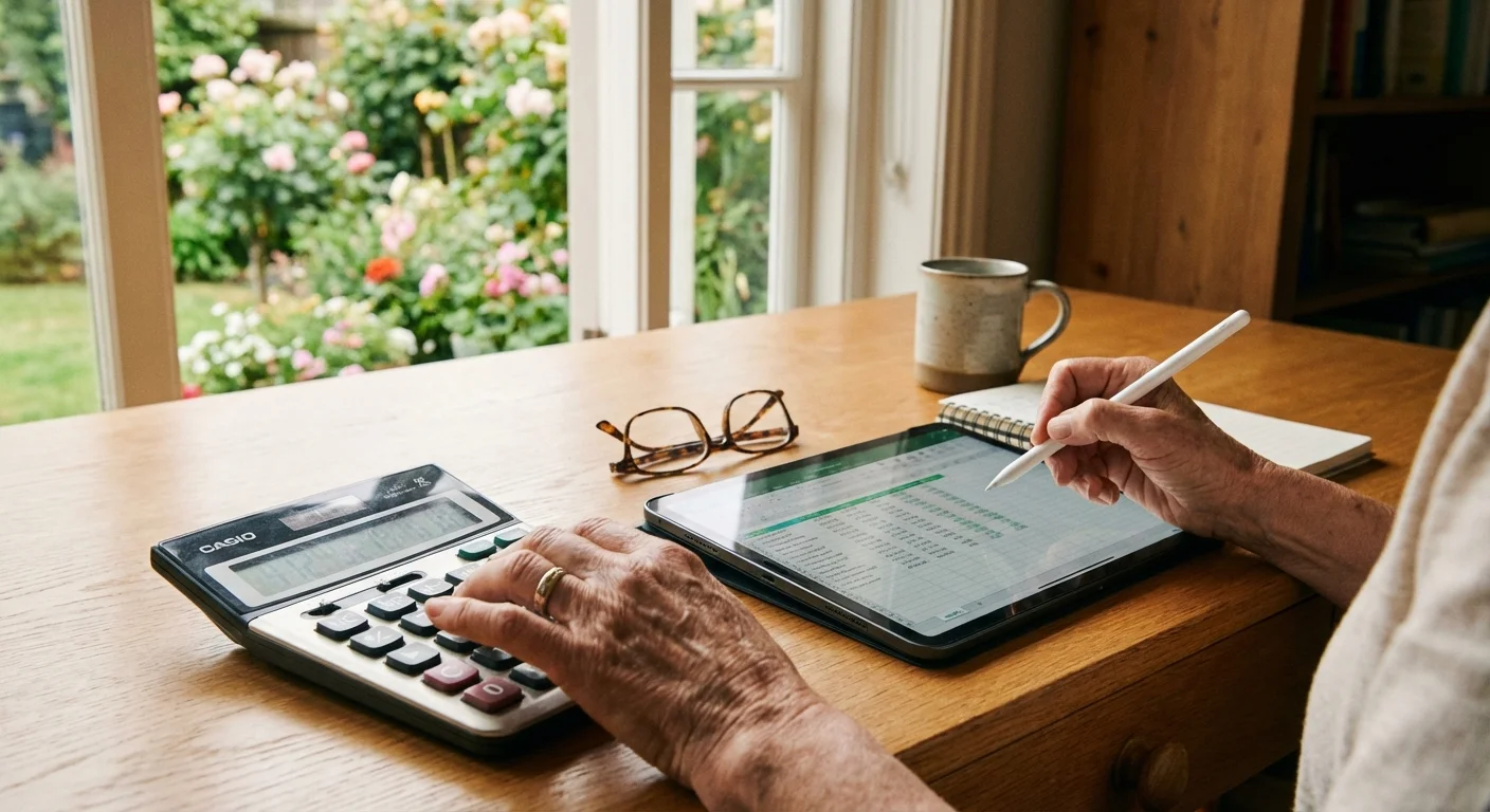 Close-up of a person calculating expenses on a tablet in a sunlit room.