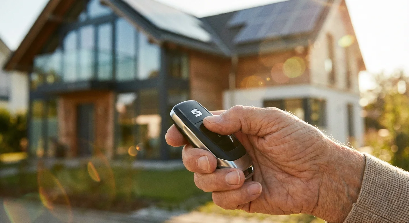 Close-up of a person holding a car key in a sunny driveway.
