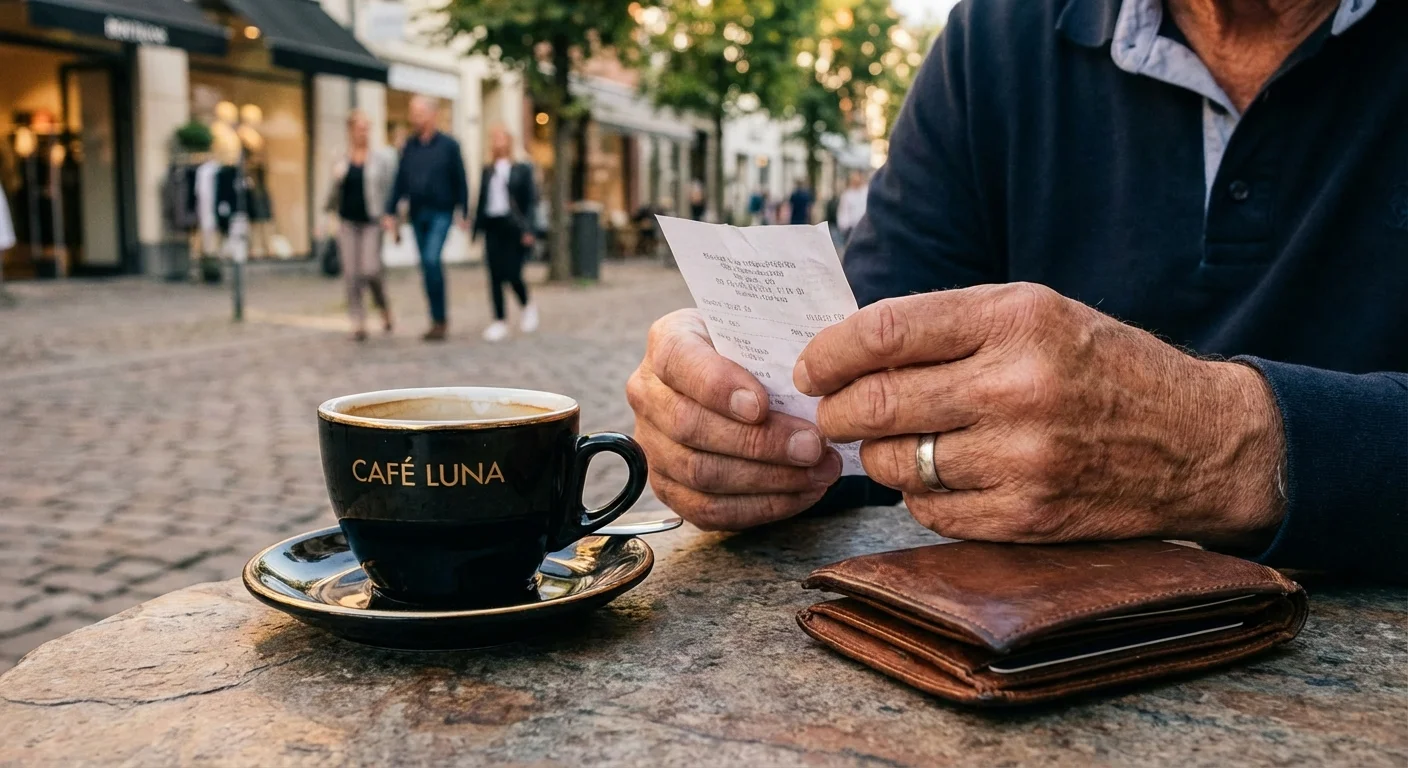 Close-up of a person holding a receipt at a cafe, illustrating the daily costs of retirement free time.