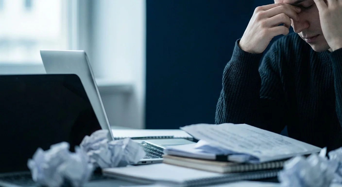 Close-up of a person looking stressed while dealing with a pile of financial paperwork.