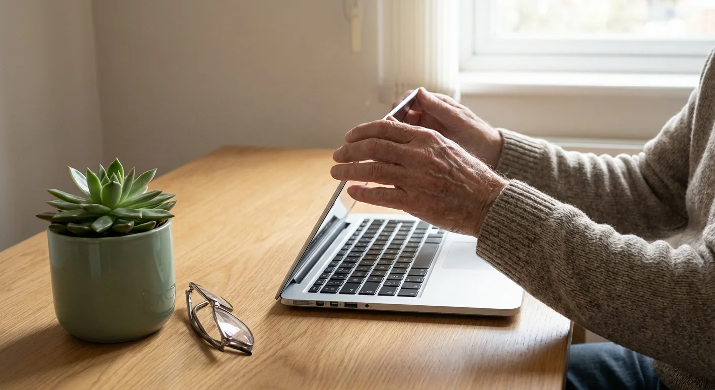 Close-up of a person using a laptop at a tidy desk, representing financial rebalancing.