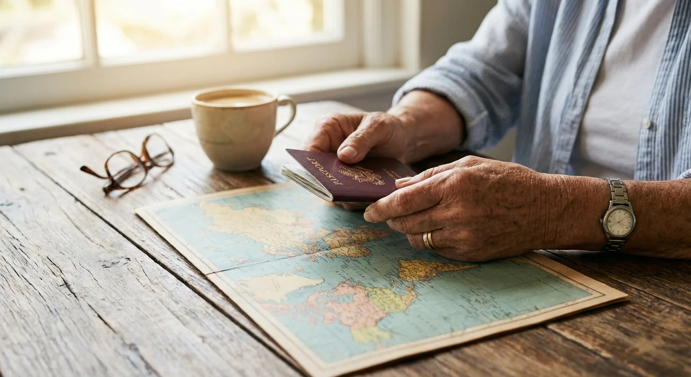 Close-up of a person's hands holding a passport and map on a sunny table.