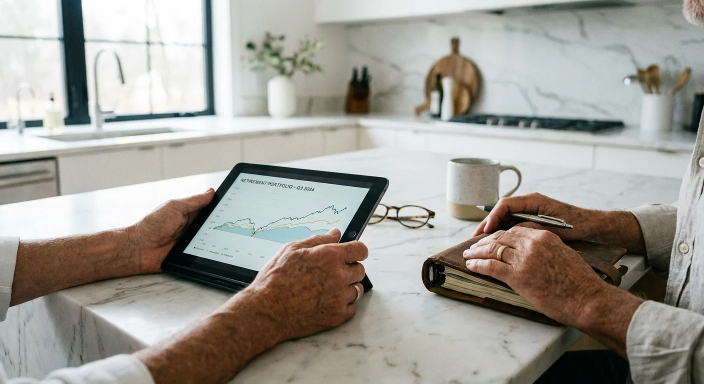 Close-up of a retired couple reviewing financial plans on a tablet in a modern kitchen.