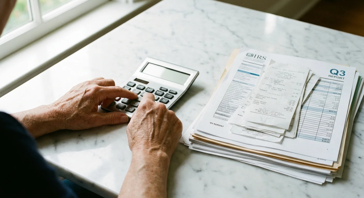 Close-up of a retiree's hands using a calculator with financial documents.