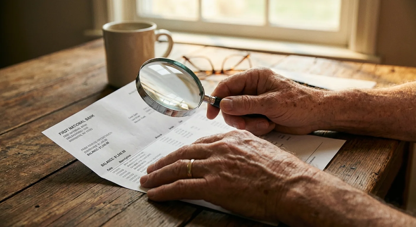 Close-up of a senior man examining a bank statement with a magnifying glass.