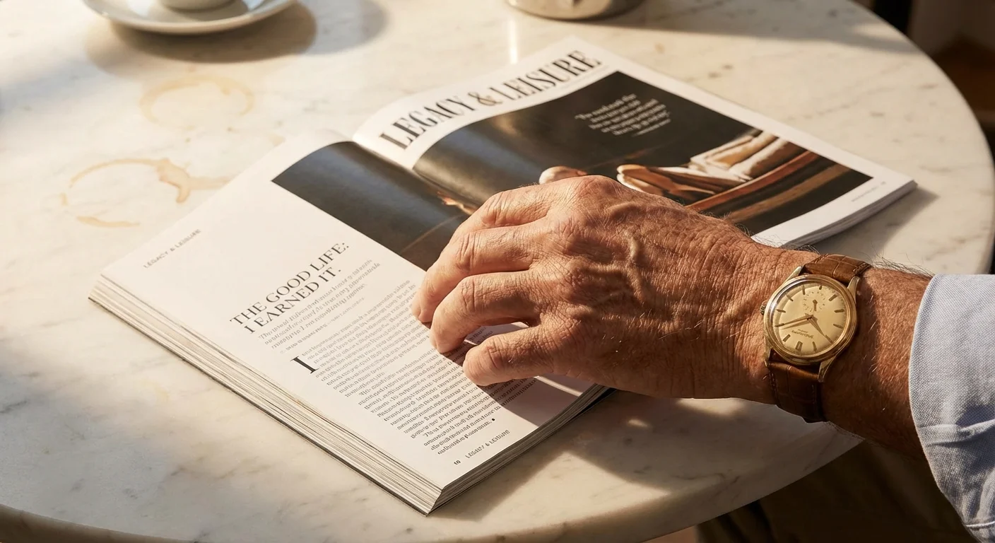 Close-up of a senior man's hand with a luxury watch on a marble table.