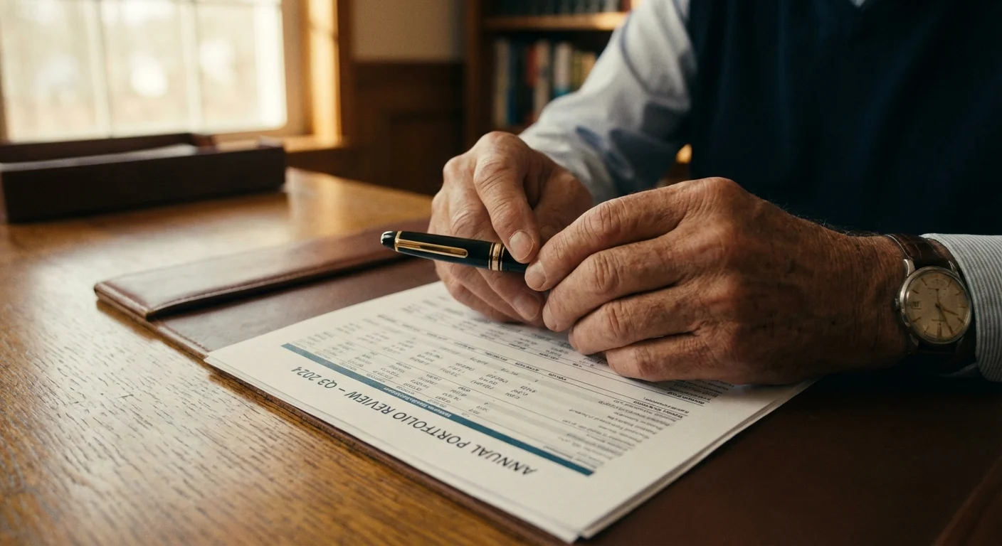 Close-up of a senior man's hands reviewing a financial statement at a desk.